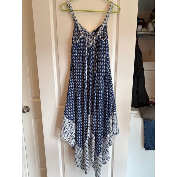 Ashley Stewart Handkerchief-Hem Drapey Boho Midi Dress Blue & White 10 - Picture 2 of 7